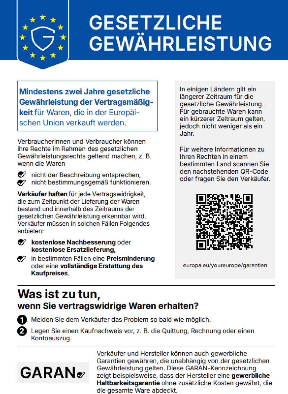 Hinweis zur gesetzlichen Gewährleistung: mindestens zwei Jahre gesetzliche Gewährleistung für Waren, die in der Europäischen Union verkauft werden