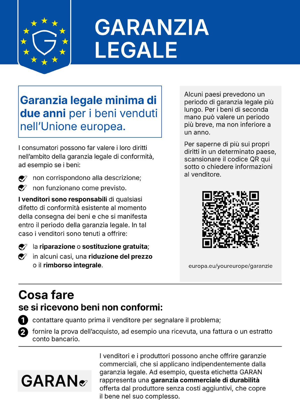 Etichetta della garanzia legale: almeno due anni di garanzia legale di conformità per i beni venduti nell'Unione europea
